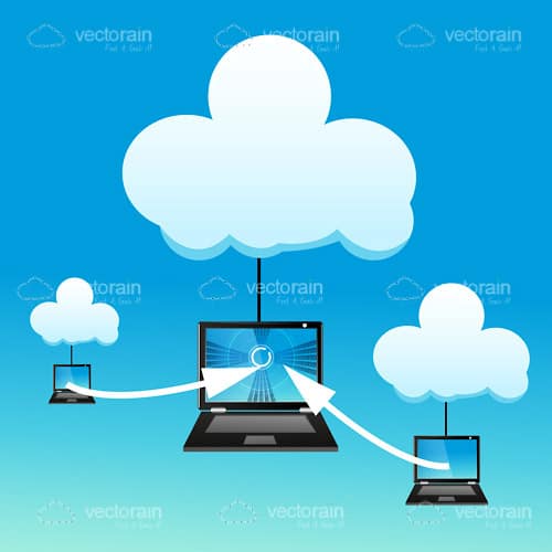 Cloud Technology Design with Laptops, Clouds and Arrows